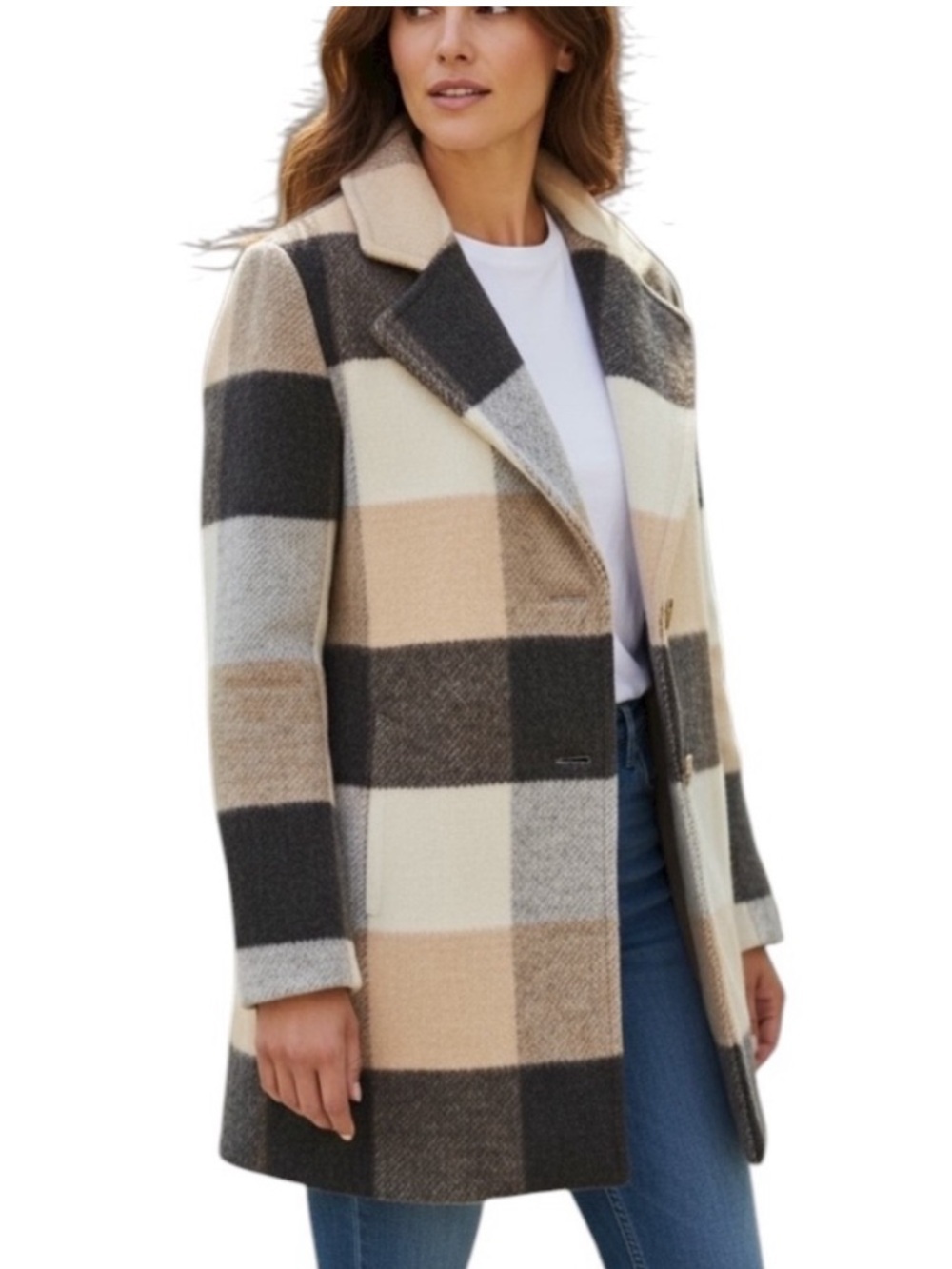 Coldwater Creek Wool Blend Plaid Pea Coat Size XS